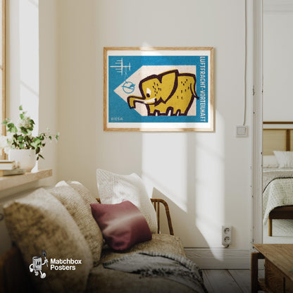 Yellow Elephant - vintage matchbox label print - living room mockup