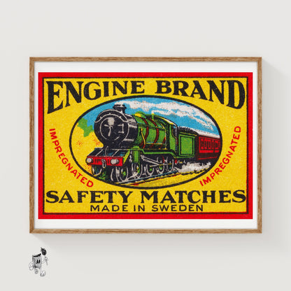 Green Steam Locomotive - vintage matchbox label print