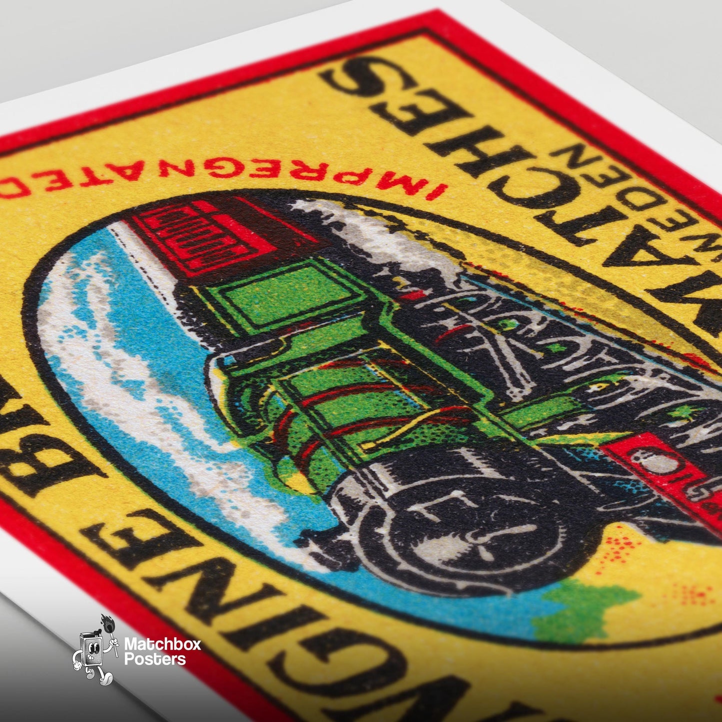 Green Steam Locomotive - vintage matchbox label print - close-up detail