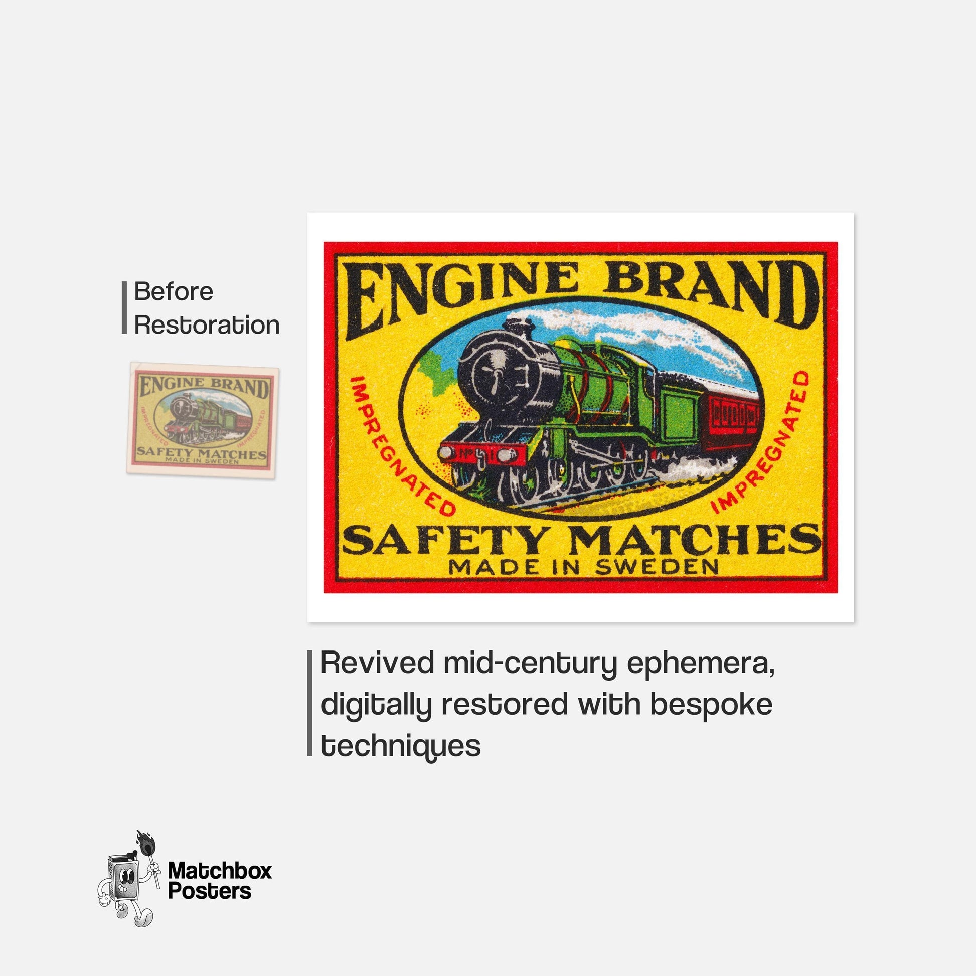 Green Steam Locomotive - vintage matchbox label print - framed wall art preview