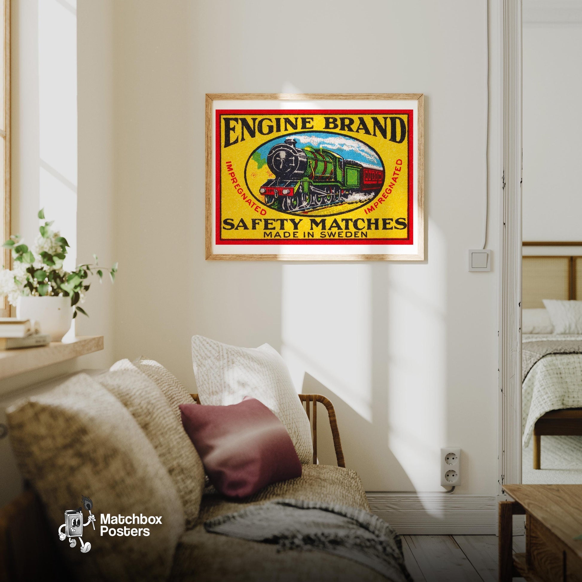 Green Steam Locomotive - vintage matchbox label print - living room mockup