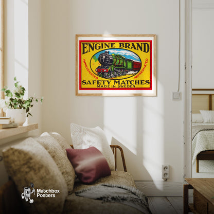 Green Steam Locomotive - vintage matchbox label print - living room mockup