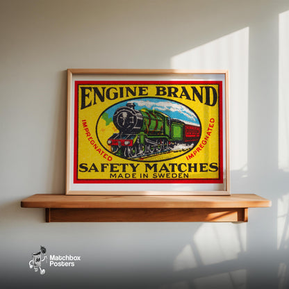 Green Steam Locomotive - vintage matchbox label print - size comparison