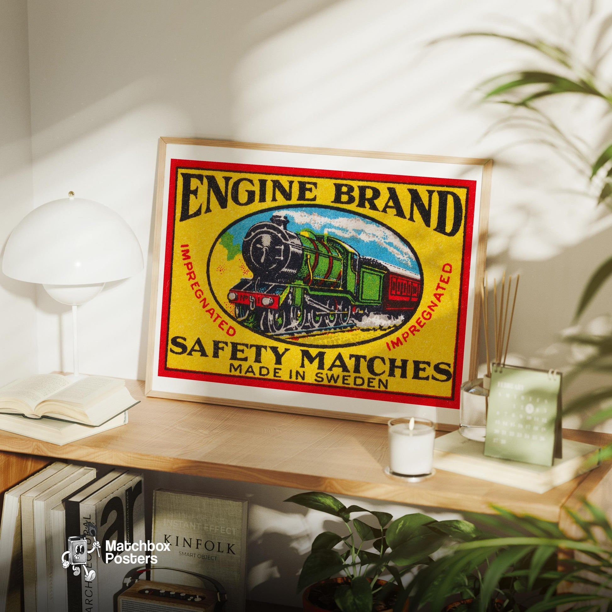 Green Steam Locomotive - vintage matchbox label print - office wall