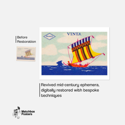 Colorful Sailboat - vintage matchbox label print - framed wall art preview