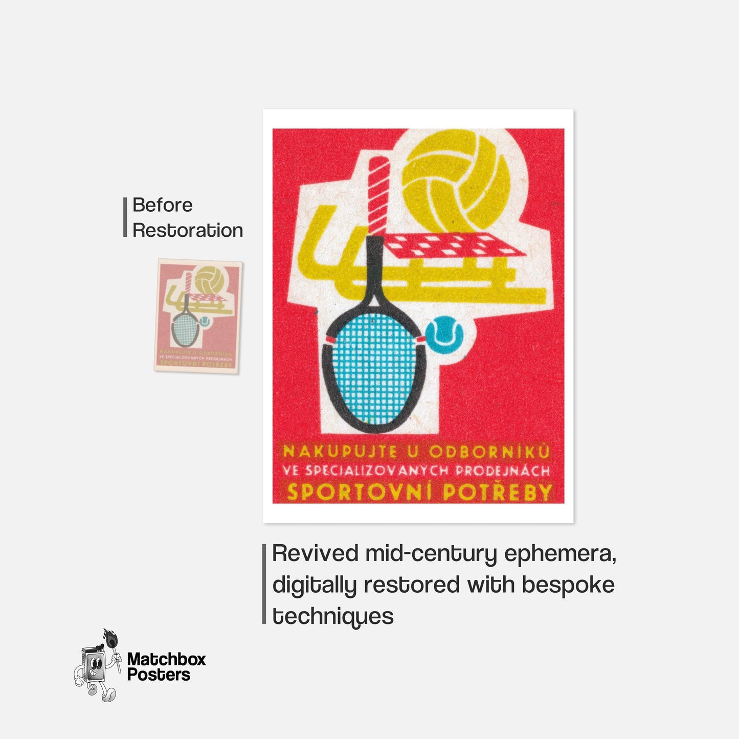 Sports Equipment Store - vintage matchbox label print - framed wall art preview