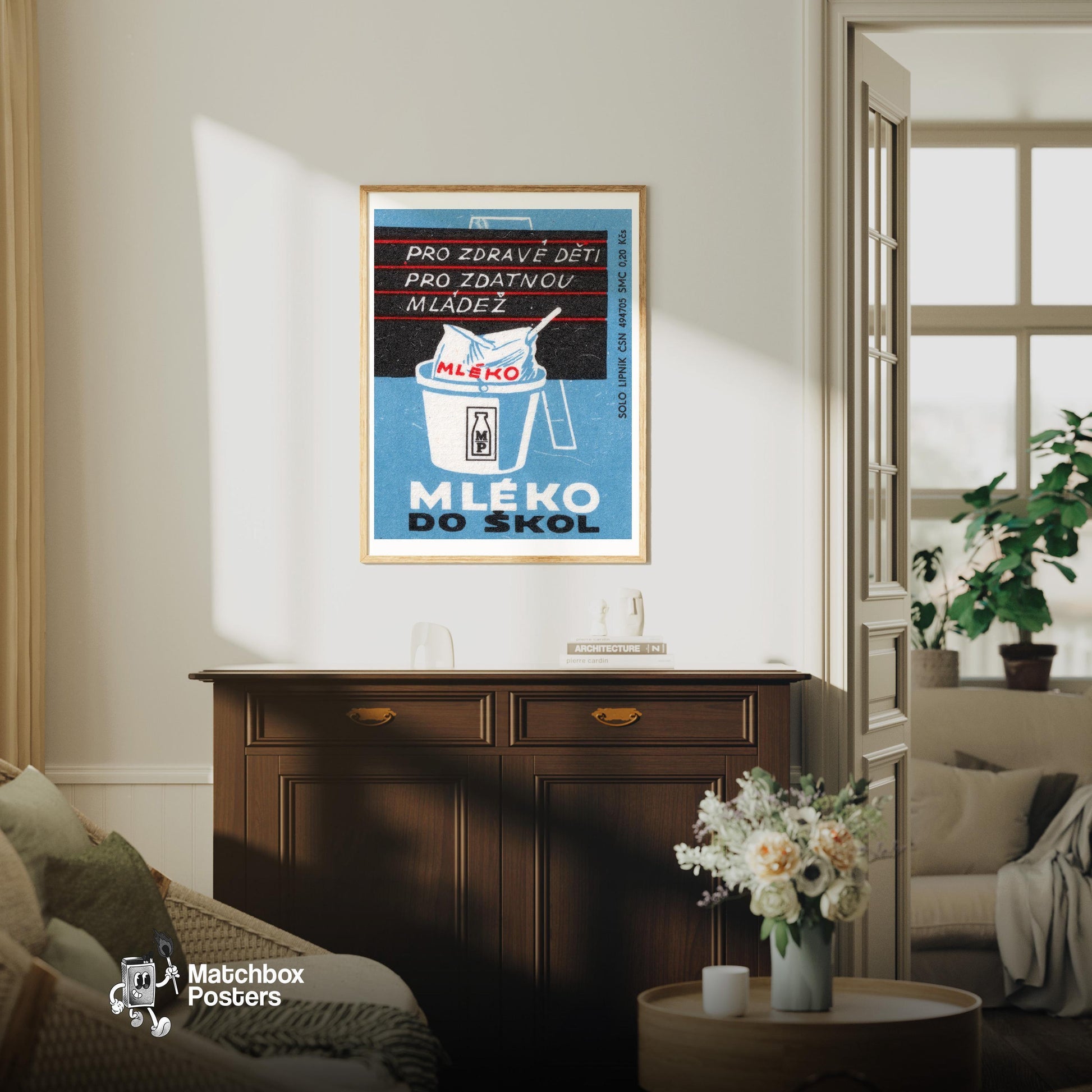 Milk for Healthy Children - vintage matchbox label print - living room mockup