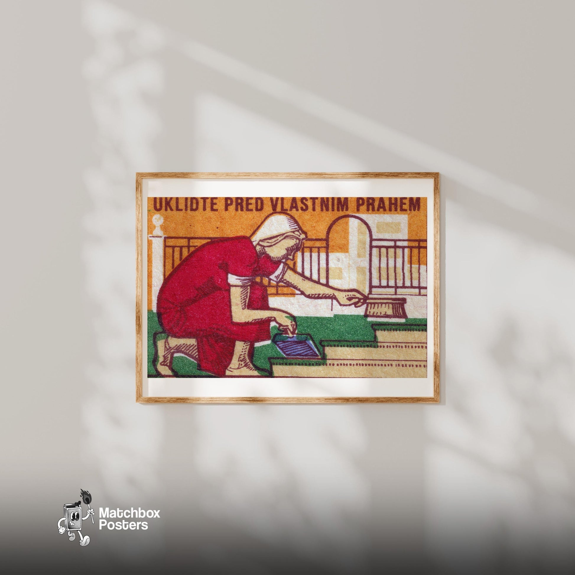 Clean Your Doorstep - vintage matchbox label print - bedroom mockup