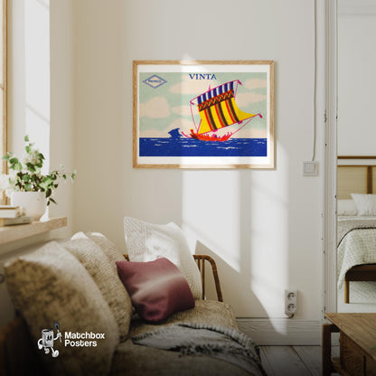 Colorful Sailboat - vintage matchbox label print - living room mockup