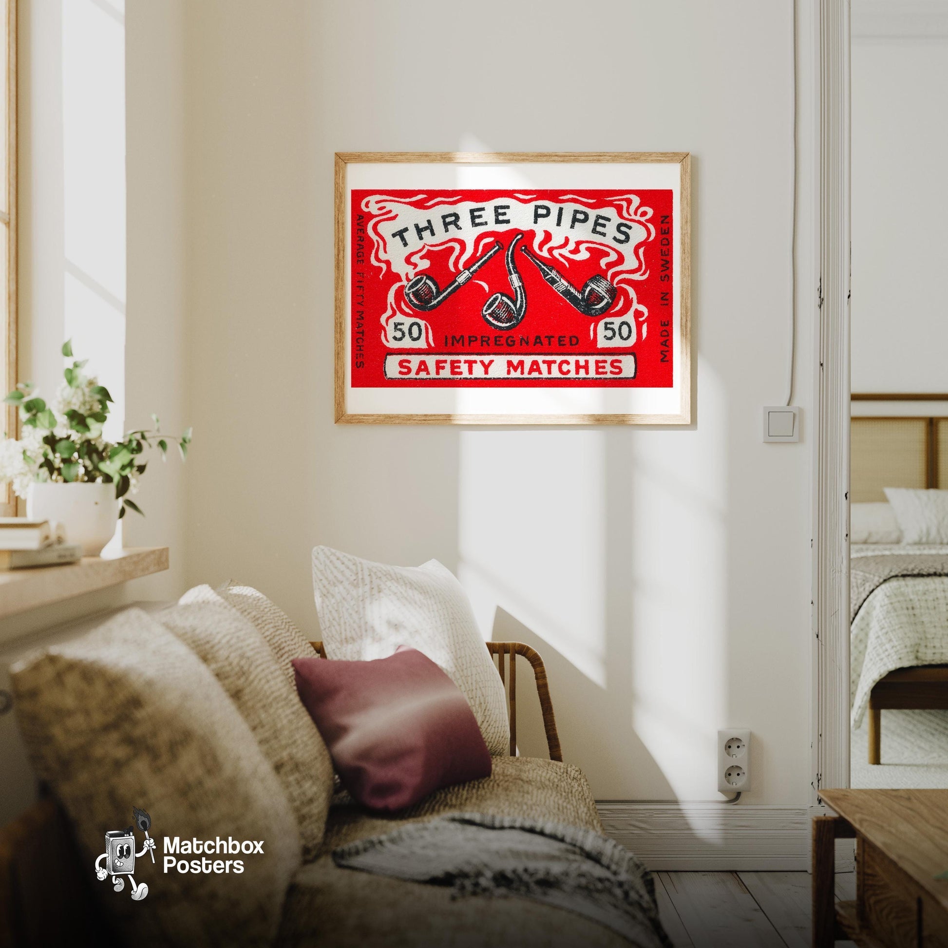 Three Pipes - vintage matchbox label print - living room mockup