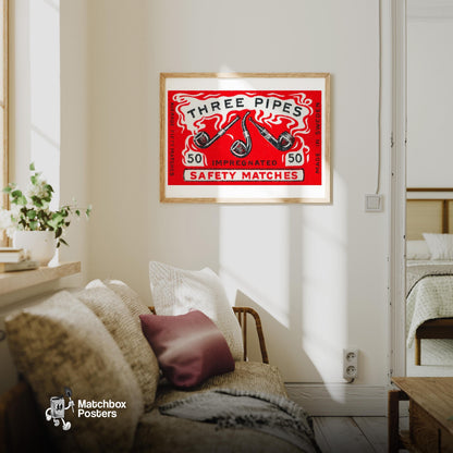 Three Pipes - vintage matchbox label print - living room mockup