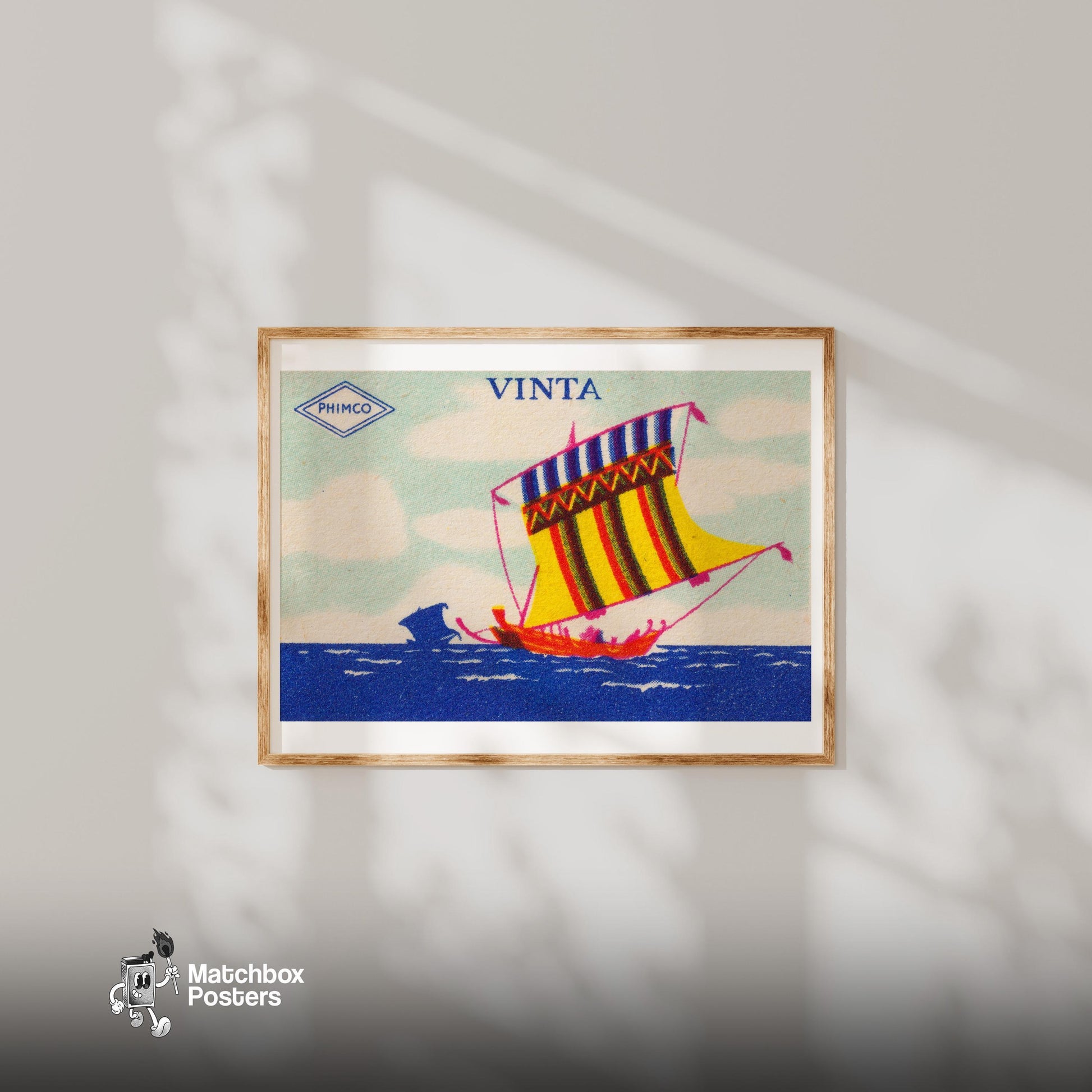 Colorful Sailboat - vintage matchbox label print - bedroom mockup