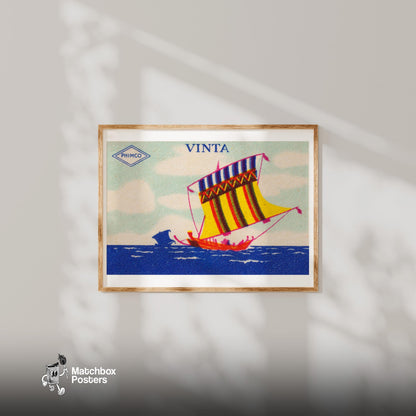 Colorful Sailboat - vintage matchbox label print - bedroom mockup