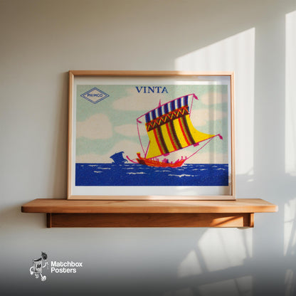 Colorful Sailboat - vintage matchbox label print - size comparison