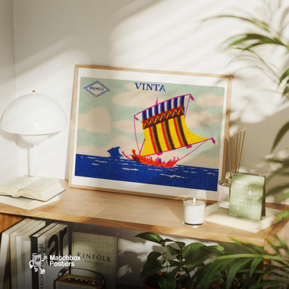 Colorful Sailboat - vintage matchbox label print - office wall