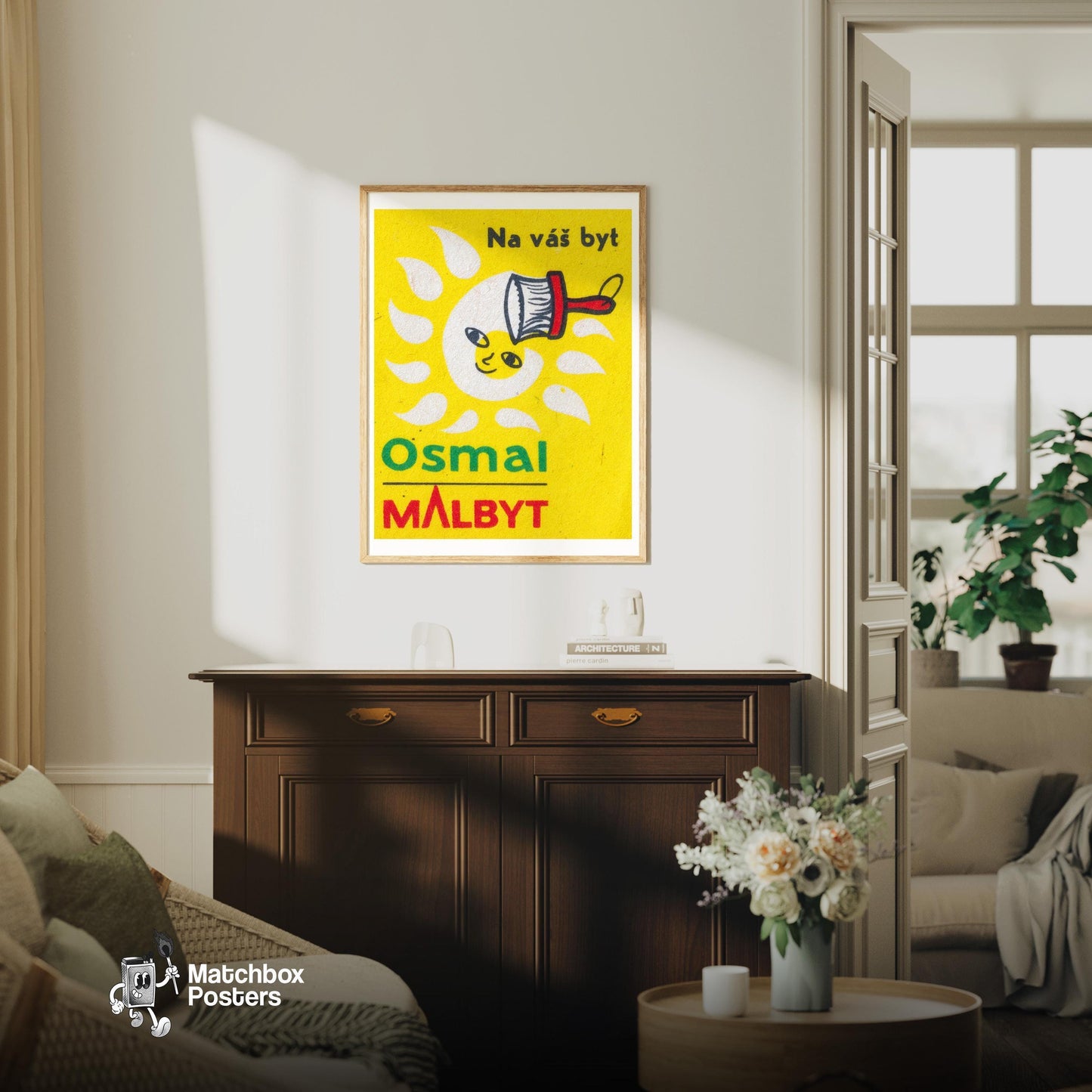 Smiling Sun - vintage matchbox label print - living room mockup