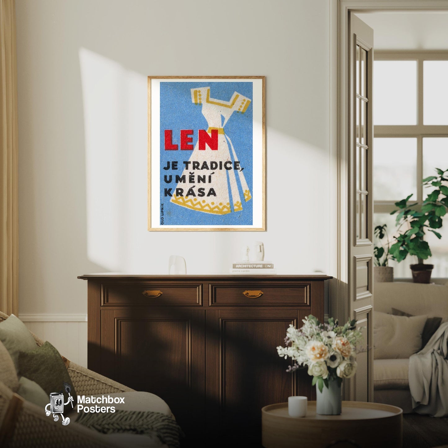 Traditional Dress Illustration - vintage matchbox label print - living room mockup