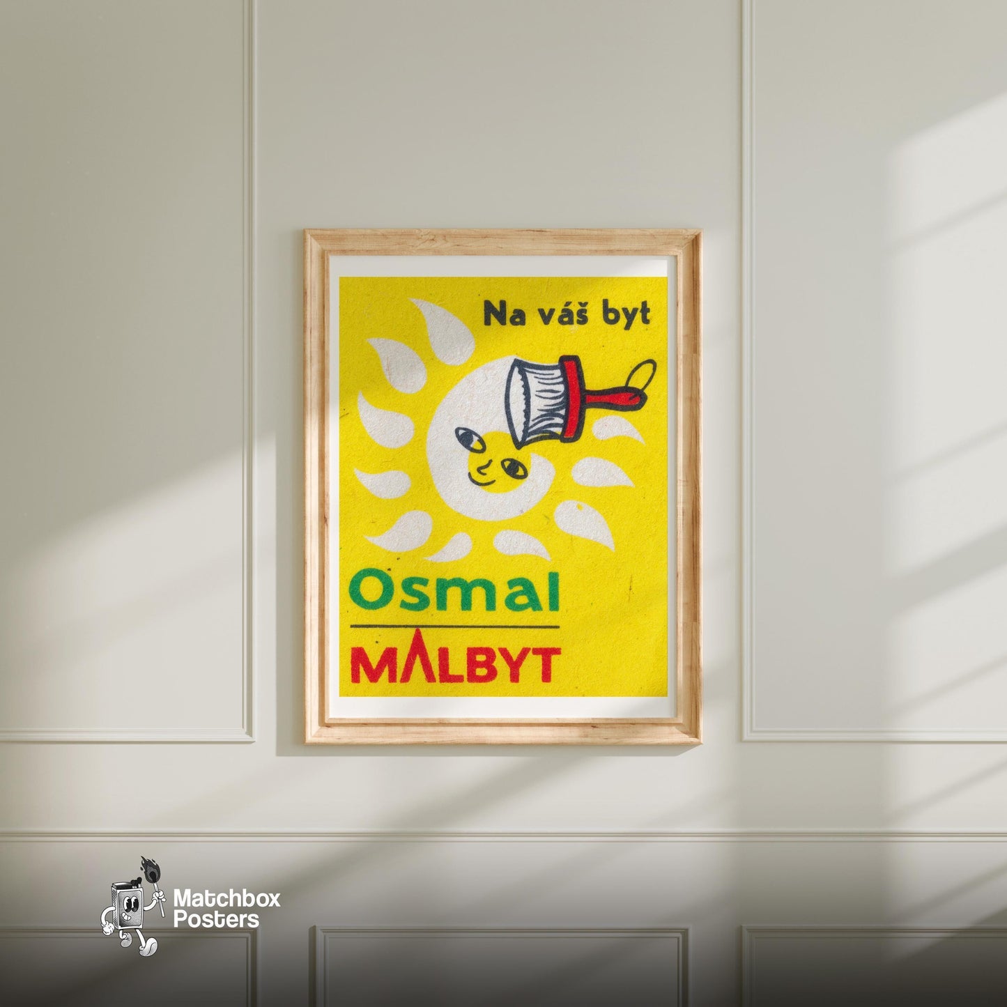 Smiling Sun - vintage matchbox label print - bedroom mockup