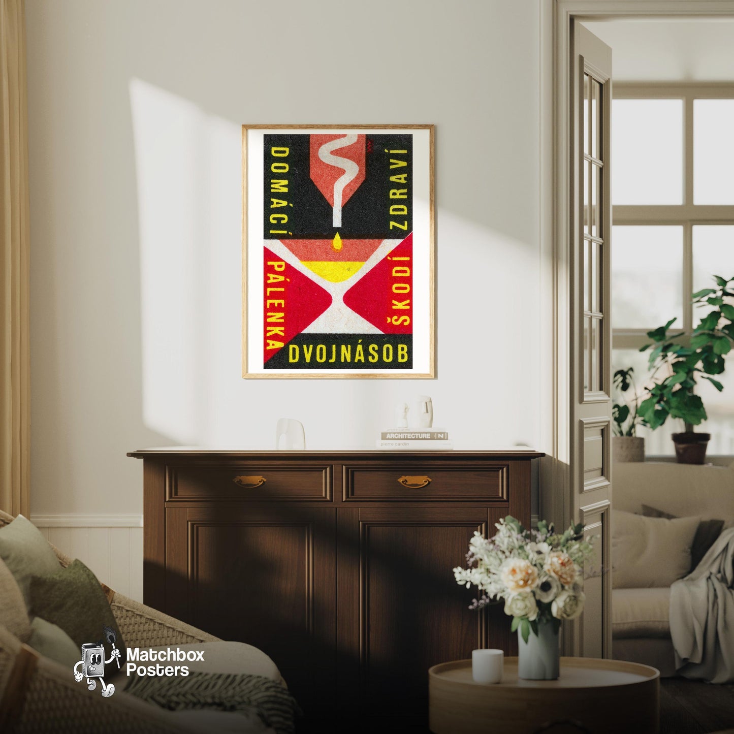 Distillation Apparatus - vintage matchbox label print - living room mockup