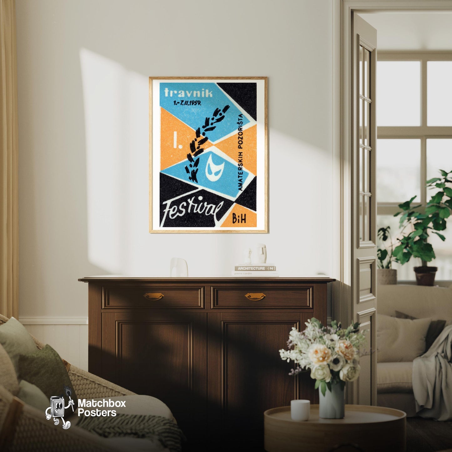 Theatre Festival - vintage matchbox label print - living room mockup