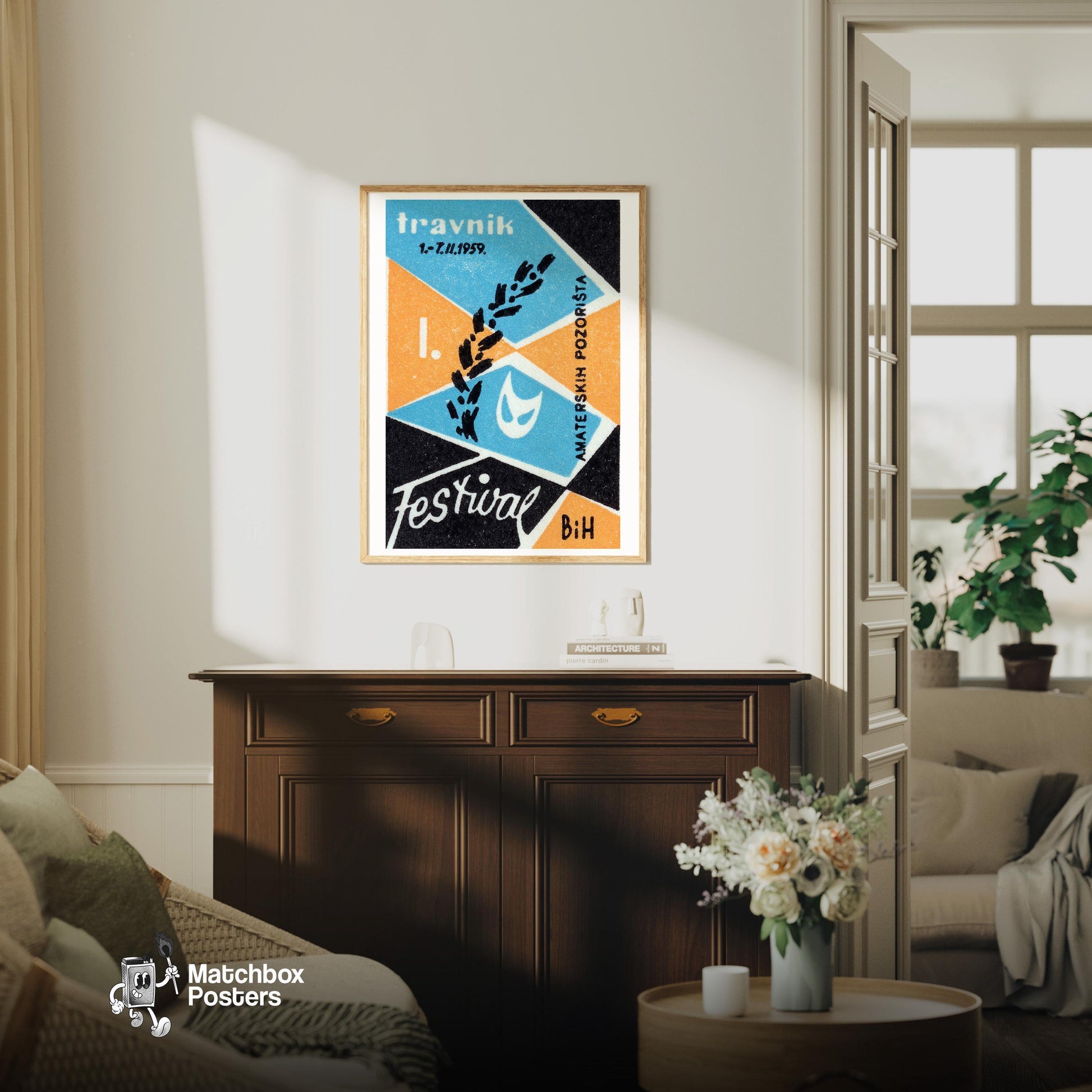 Theatre Festival - vintage matchbox label print - living room mockup