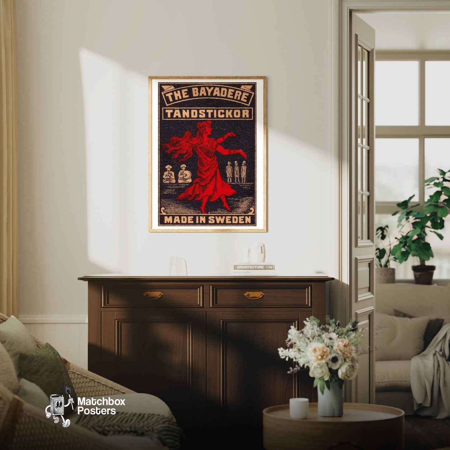 Red-Clad Dancer - vintage matchbox label print - living room mockup