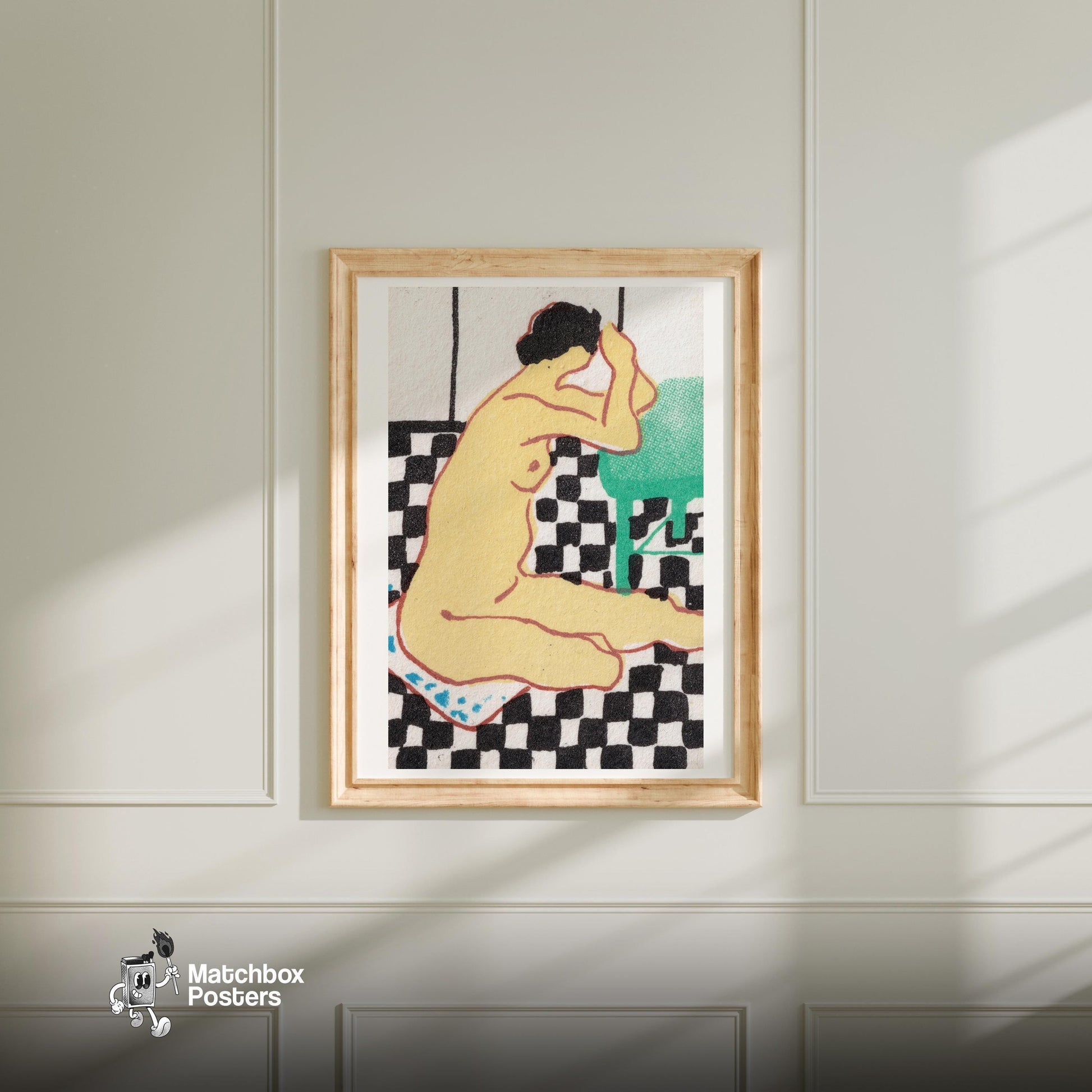 Seated Woman - vintage matchbox label print - bedroom mockup