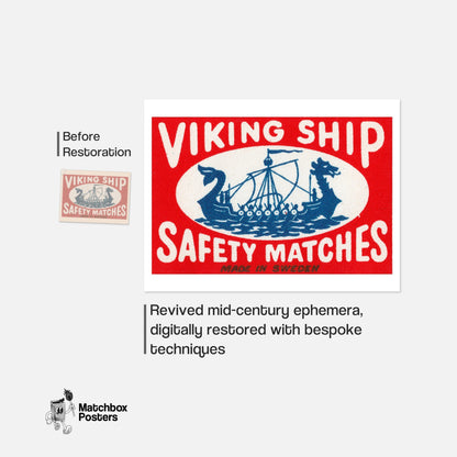 Viking Ship - vintage matchbox label print - framed wall art preview