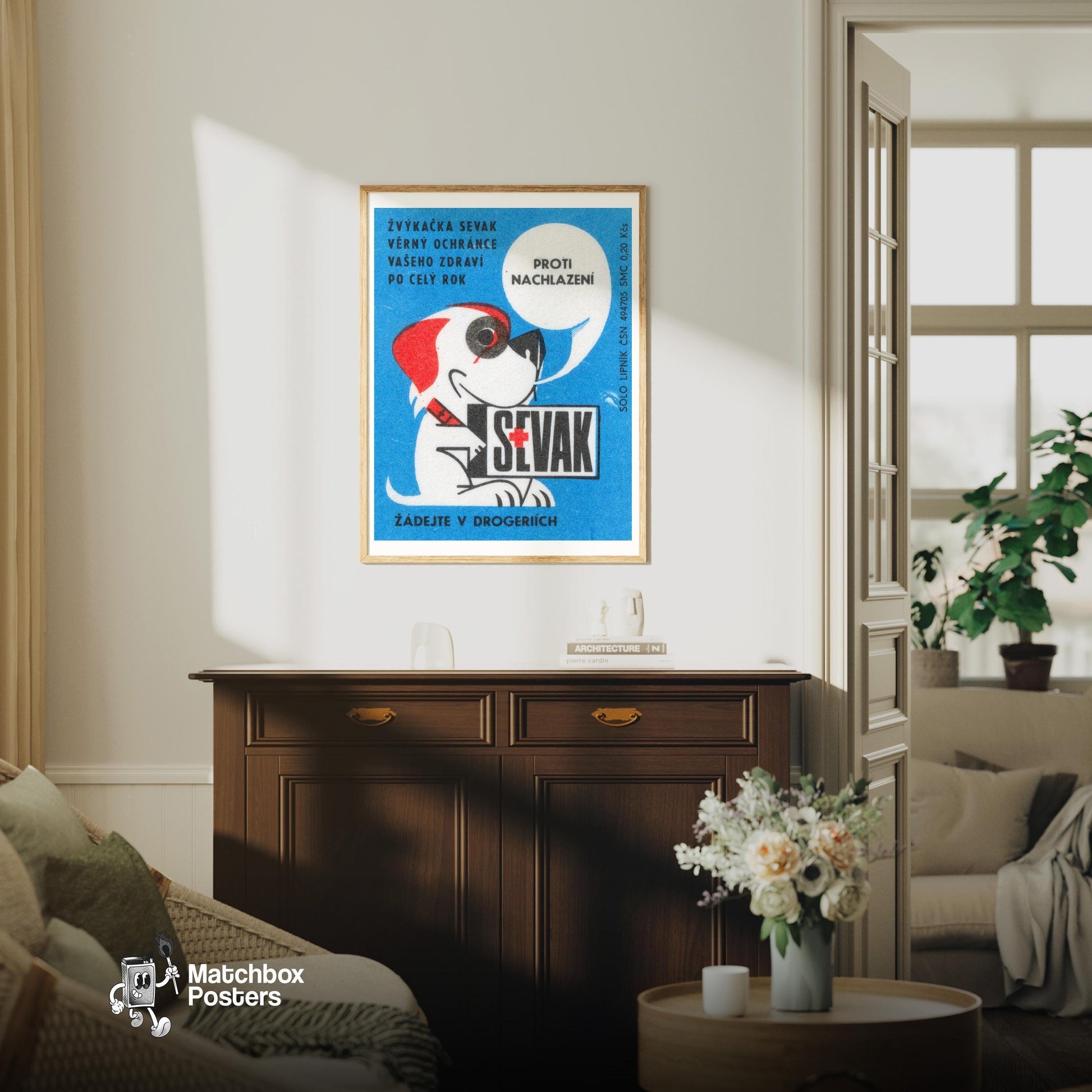 Talking Dog - vintage matchbox label print - living room mockup