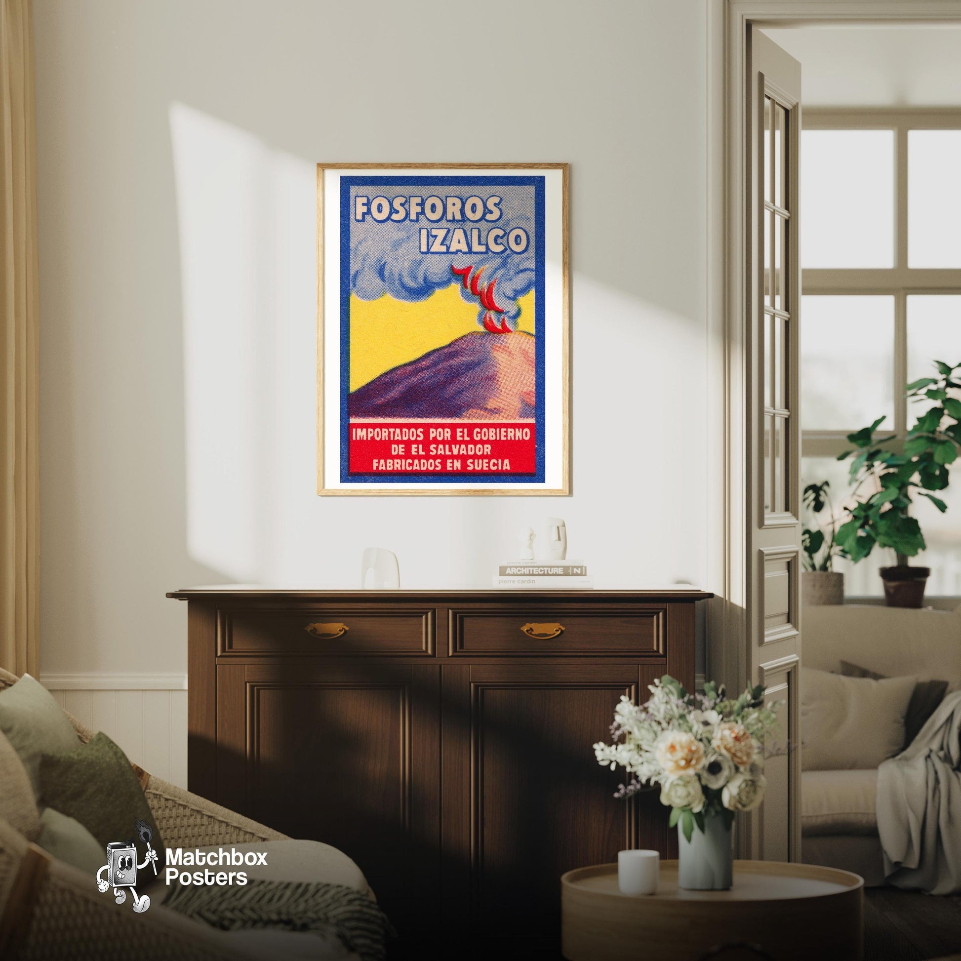 Erupting Volcano - vintage matchbox label print - living room mockup