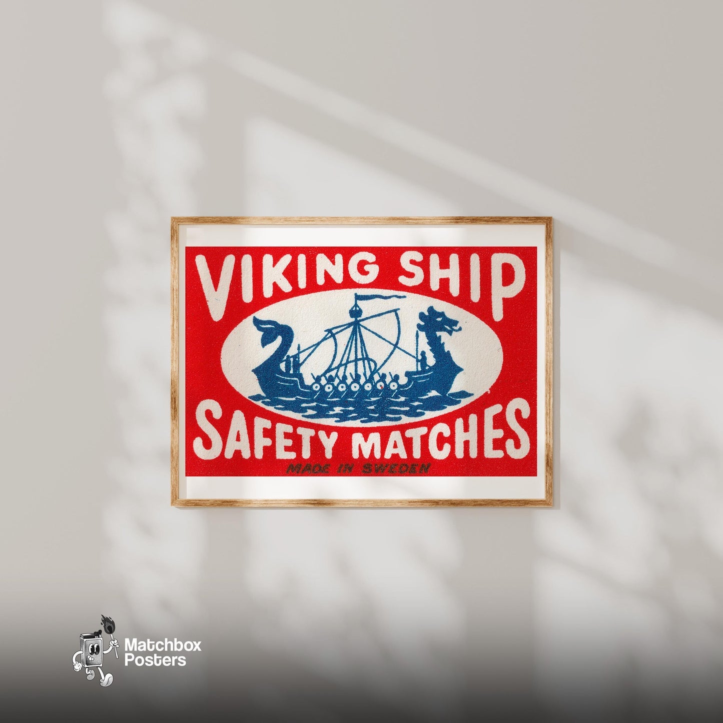 Viking Ship - vintage matchbox label print - bedroom mockup