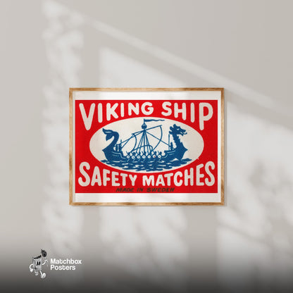 Viking Ship - vintage matchbox label print - bedroom mockup