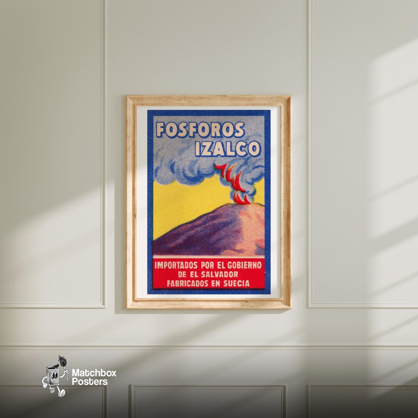 Erupting Volcano - vintage matchbox label print - bedroom mockup