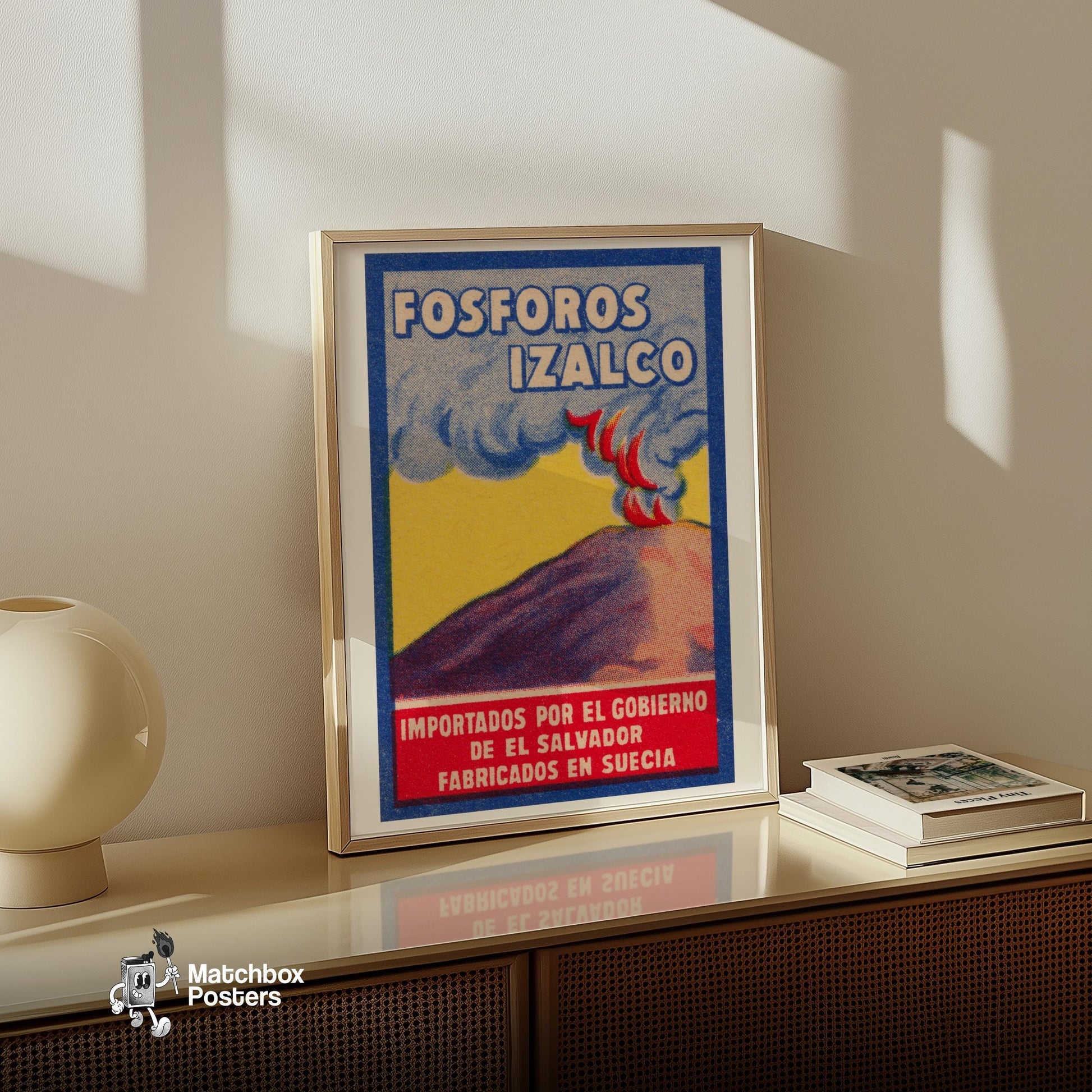Erupting Volcano - vintage matchbox label print - size comparison