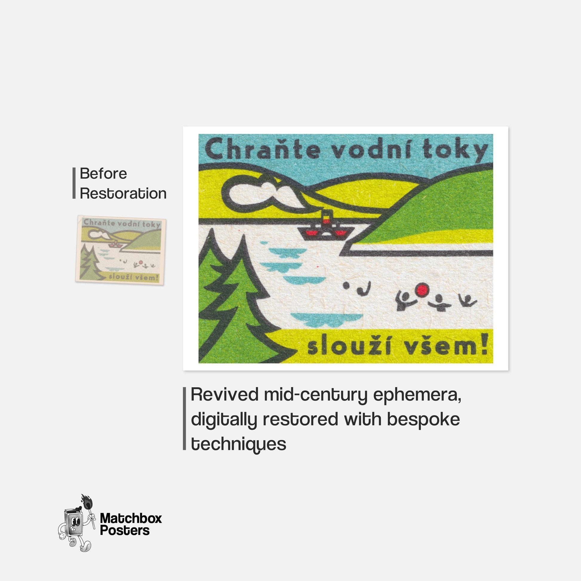 Protect Waterways for Everyone! - vintage matchbox label print - framed wall art preview