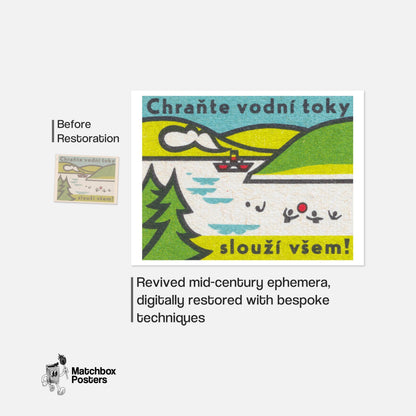 Protect Waterways for Everyone! - vintage matchbox label print - framed wall art preview