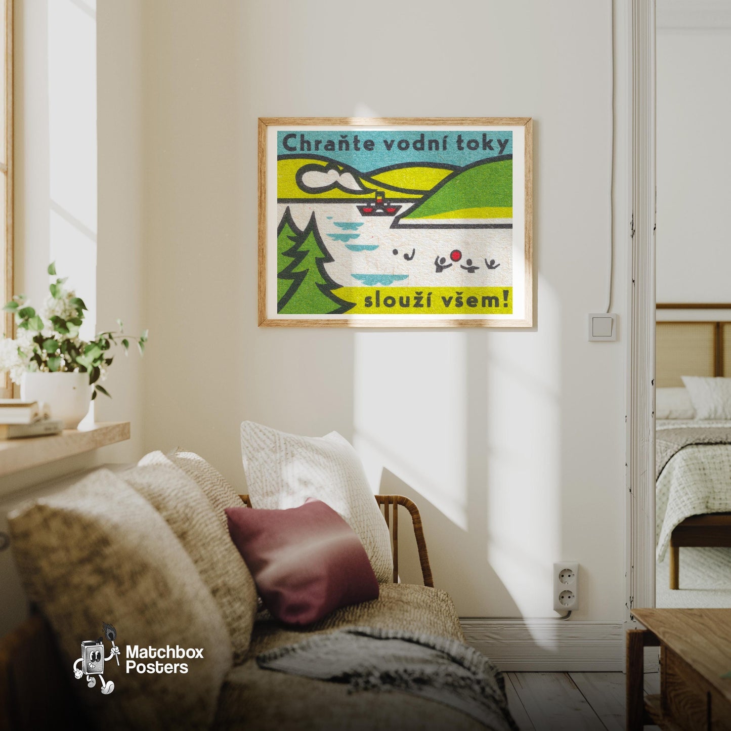 Protect Waterways for Everyone! - vintage matchbox label print - living room mockup