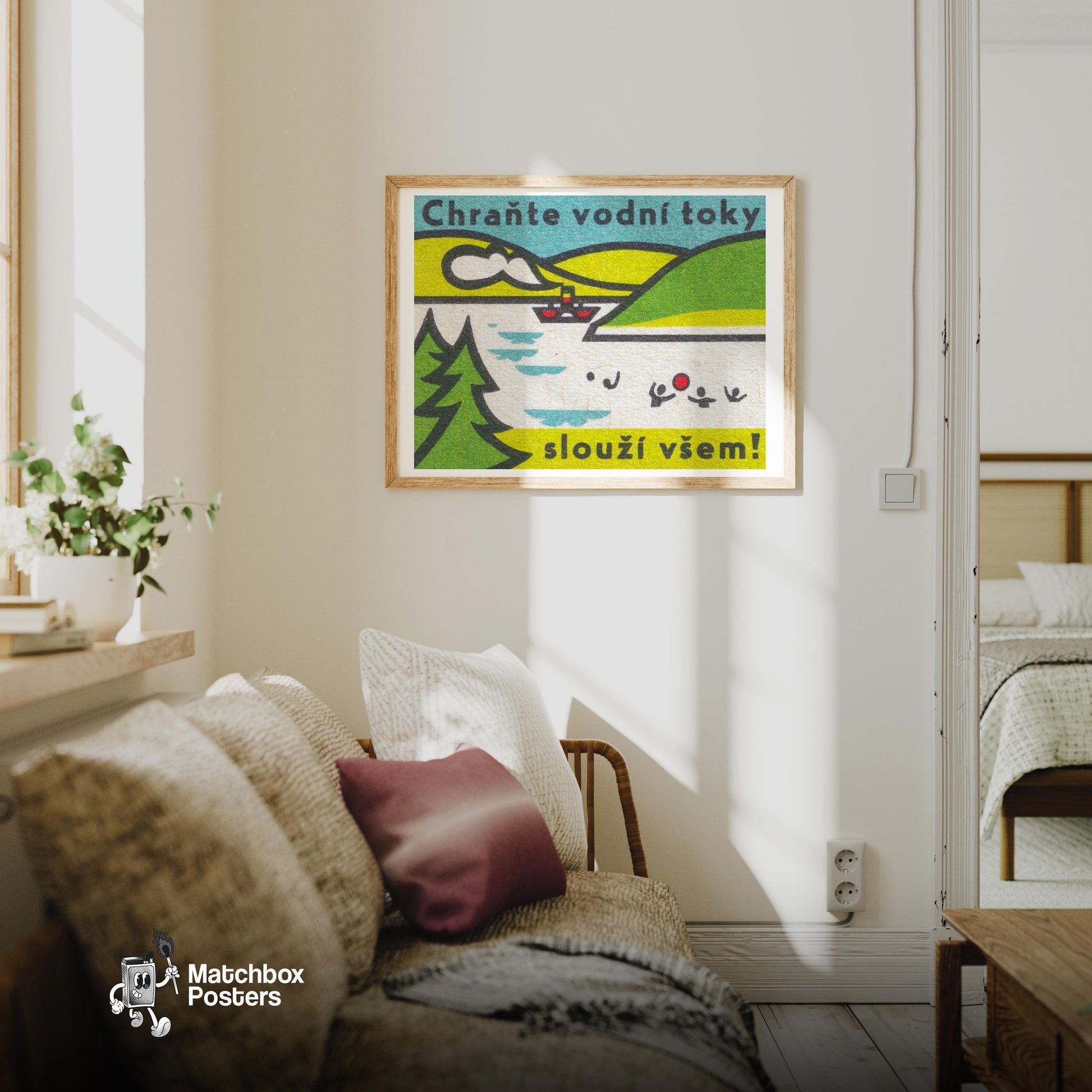 Protect Waterways for Everyone! - vintage matchbox label print - living room mockup