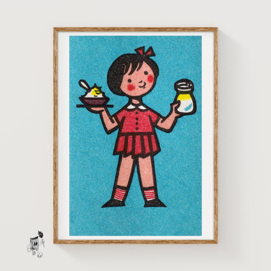 Girl Holding Food - vintage matchbox label print