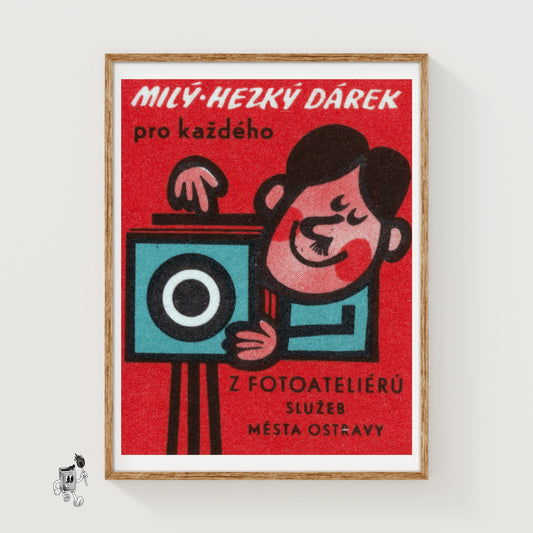Cartoon Character with Camera - vintage matchbox label print