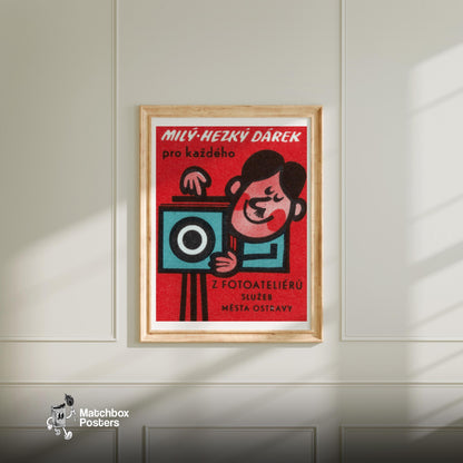 Cartoon Character with Camera - vintage matchbox label print - bedroom mockup