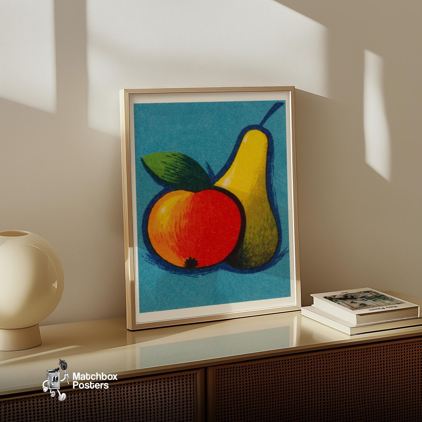 Illustration Of A Pear 1960s-70s Fruit Label - vintage matchbox label print - size comparison
