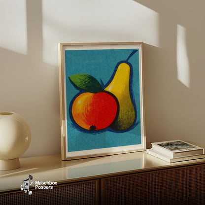 Illustration Of A Pear 1960s-70s Fruit Label - vintage matchbox label print - size comparison