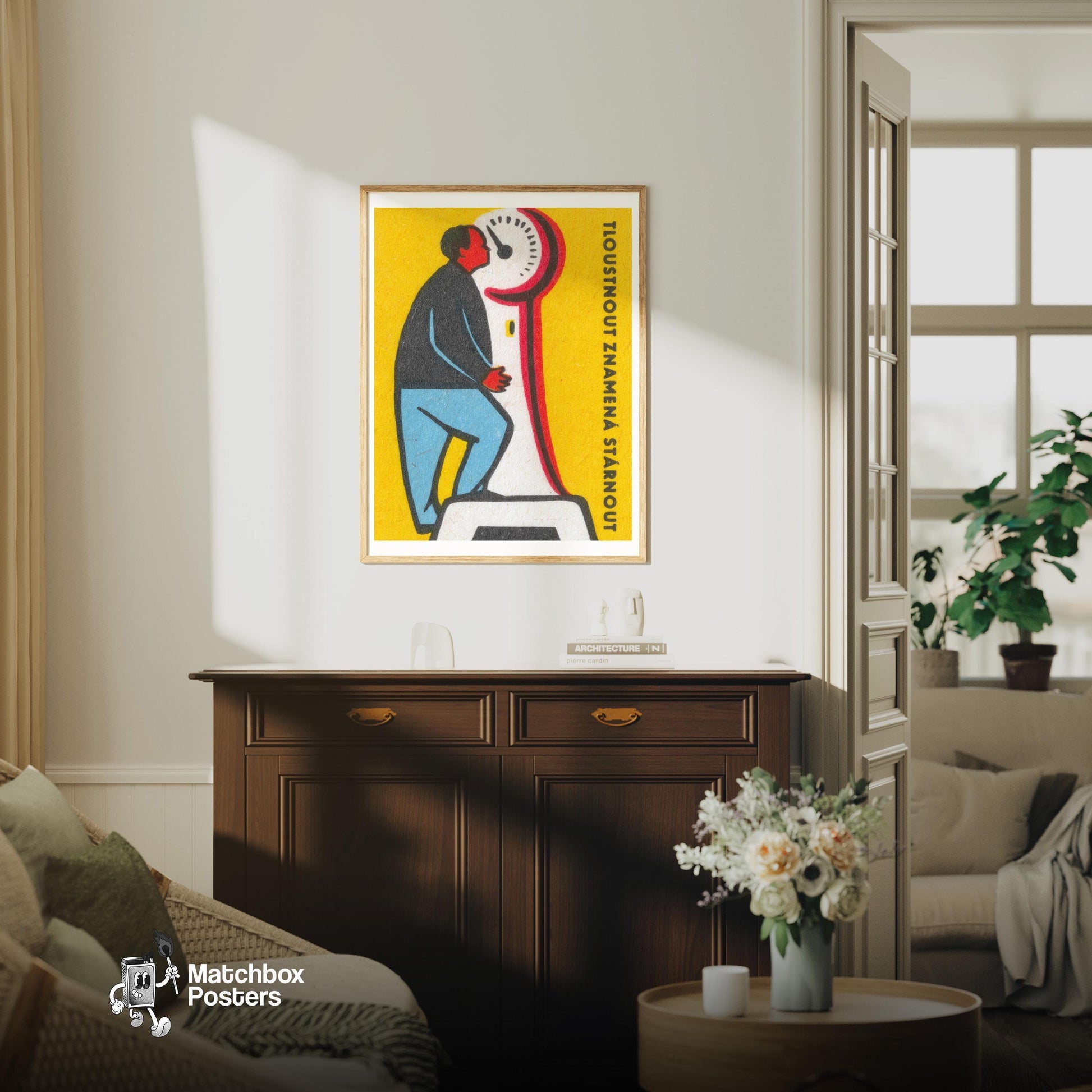 Man on Scale - vintage matchbox label print - living room mockup