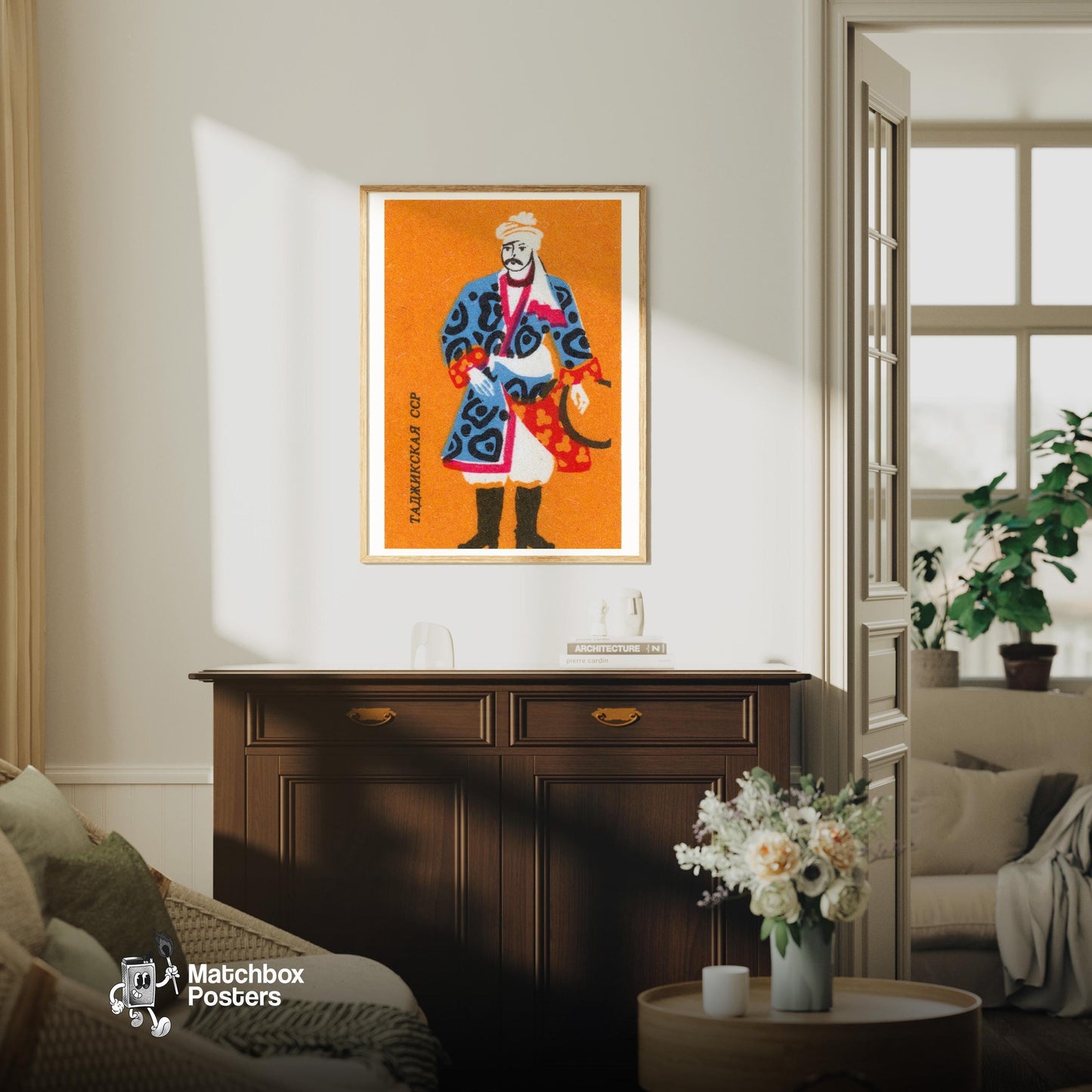 Tajik Man - vintage matchbox label print - living room mockup
