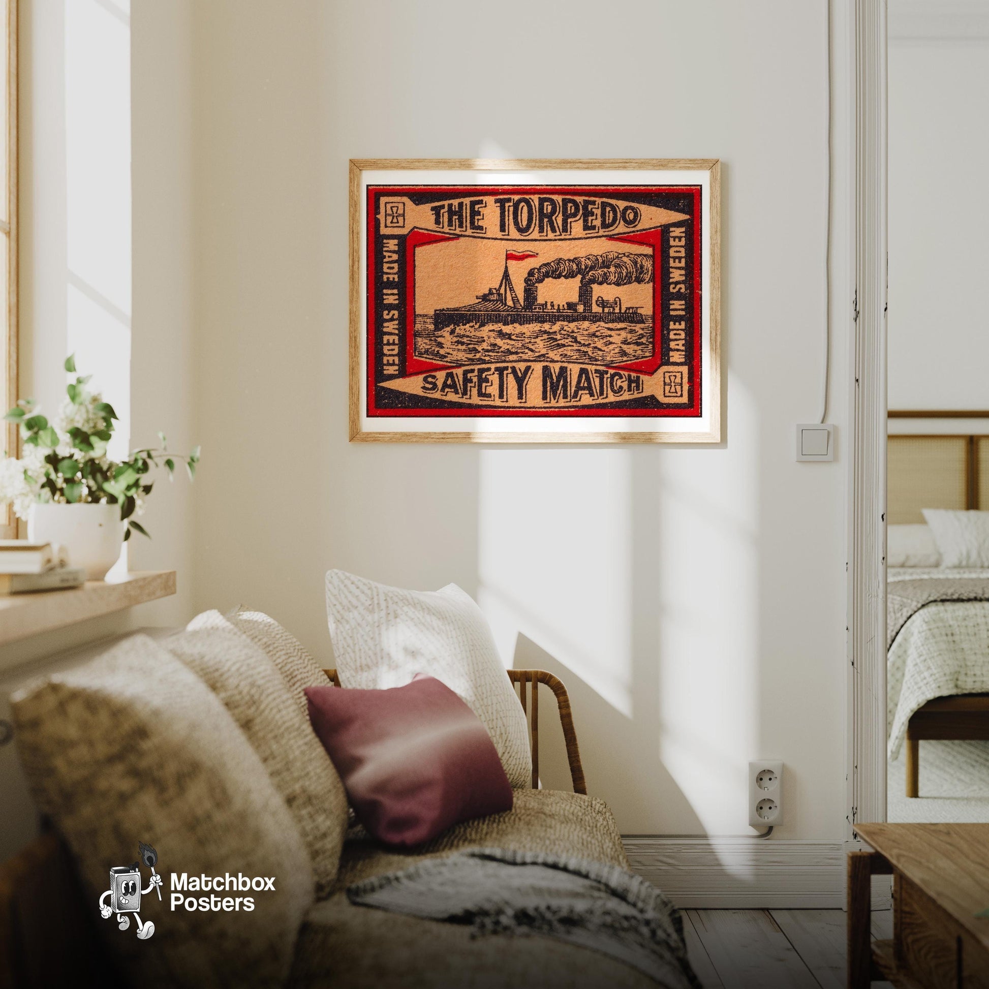 Steamship - vintage matchbox label print - living room mockup