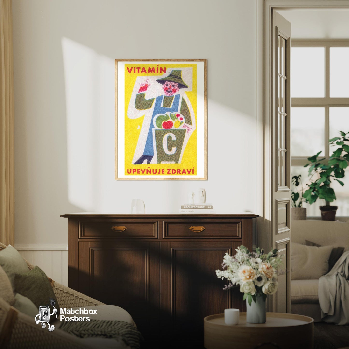 Smiling Farmer - vintage matchbox label print - living room mockup