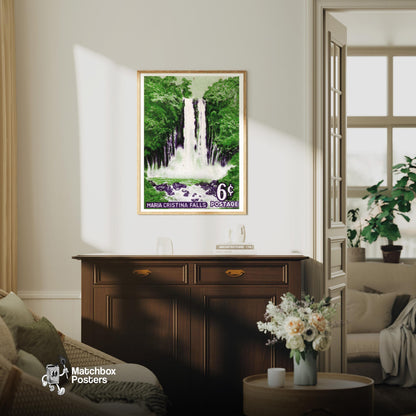 Maria Cristina Falls - vintage matchbox label print - living room mockup