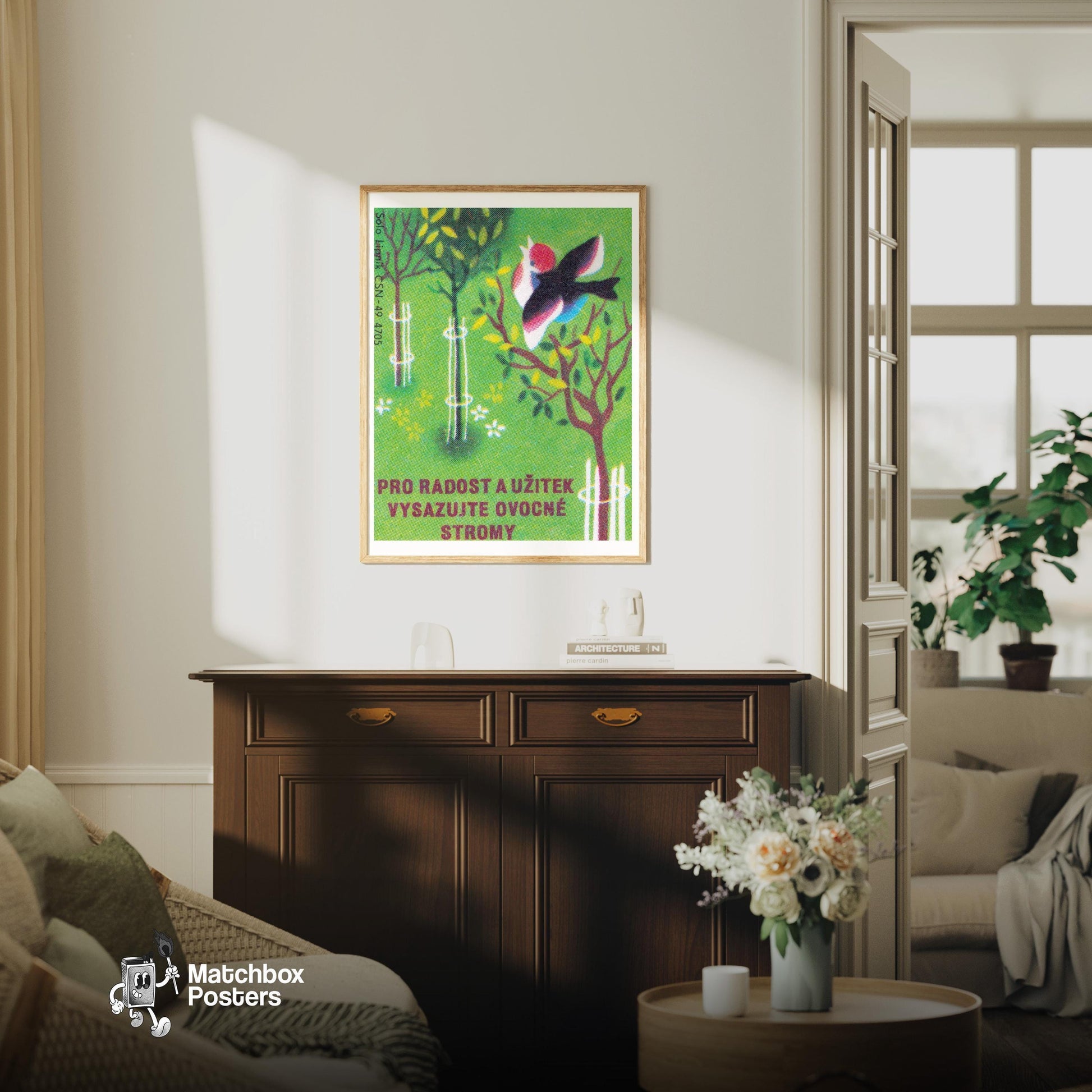 Plant Fruit Trees and Benefit - vintage matchbox label print - living room mockup