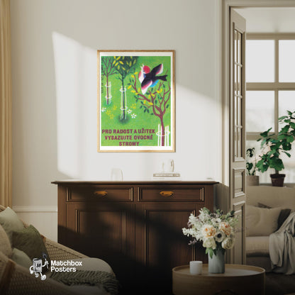 Plant Fruit Trees and Benefit - vintage matchbox label print - living room mockup